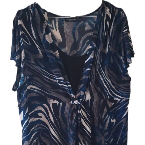 Perseption Women Multi Color Blue/Gray Marble 3/4 Sleeve Blouse - Picture 2 of 4